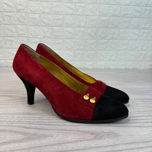 Anne Klein Suede Pumps WMNS 7 Red & Black Two-Tone Heels with Gold Button Detail - Picture 2 of 10